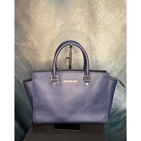 Michael Kors Selma Satchel Large Leather Navy Blue Handbag Purse Designer Bag - Picture 1 of 11